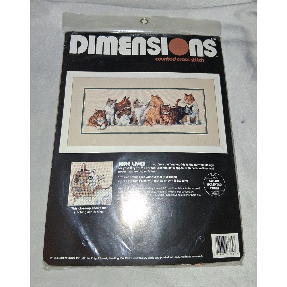 Vintage 1994 Dimensions Nine Lives Cat Counted Cross Stitch Kit #3762 Bryan Moon